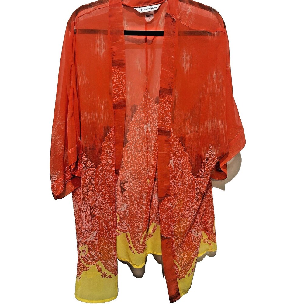 Peter Nygard Women's Paisley Sheer Chiffon Open Front Kimono M Orange/Yellow